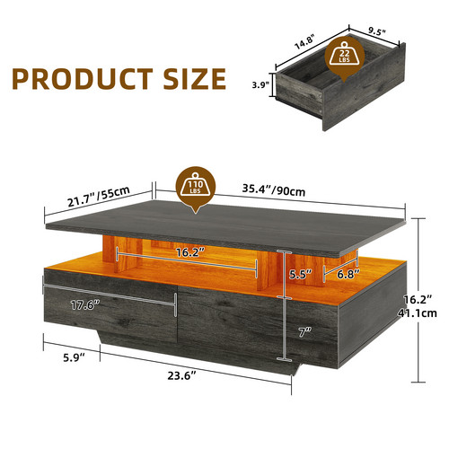 とーわ Coffee Table High Gloss with LED Light & 4 Storage Drawers